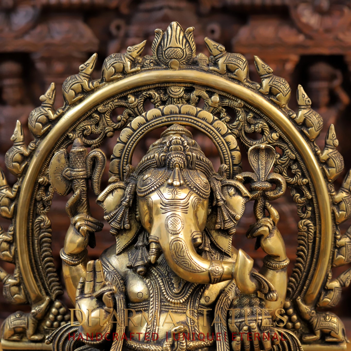 Brass Ganesh Seated On Rat frame, Fine Golden Finish 19"