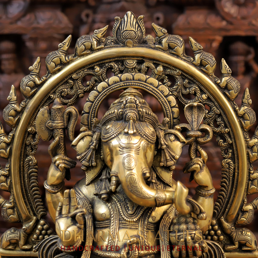 Brass Ganesh Seated On Rat frame, Fine Golden Finish 19"