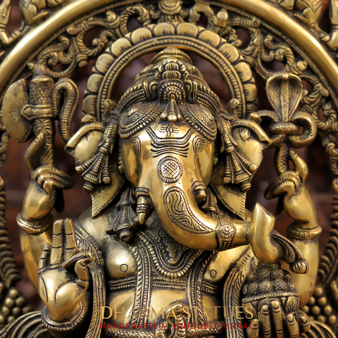 Brass Ganesh Seated On Rat frame, Fine Golden Finish 19"