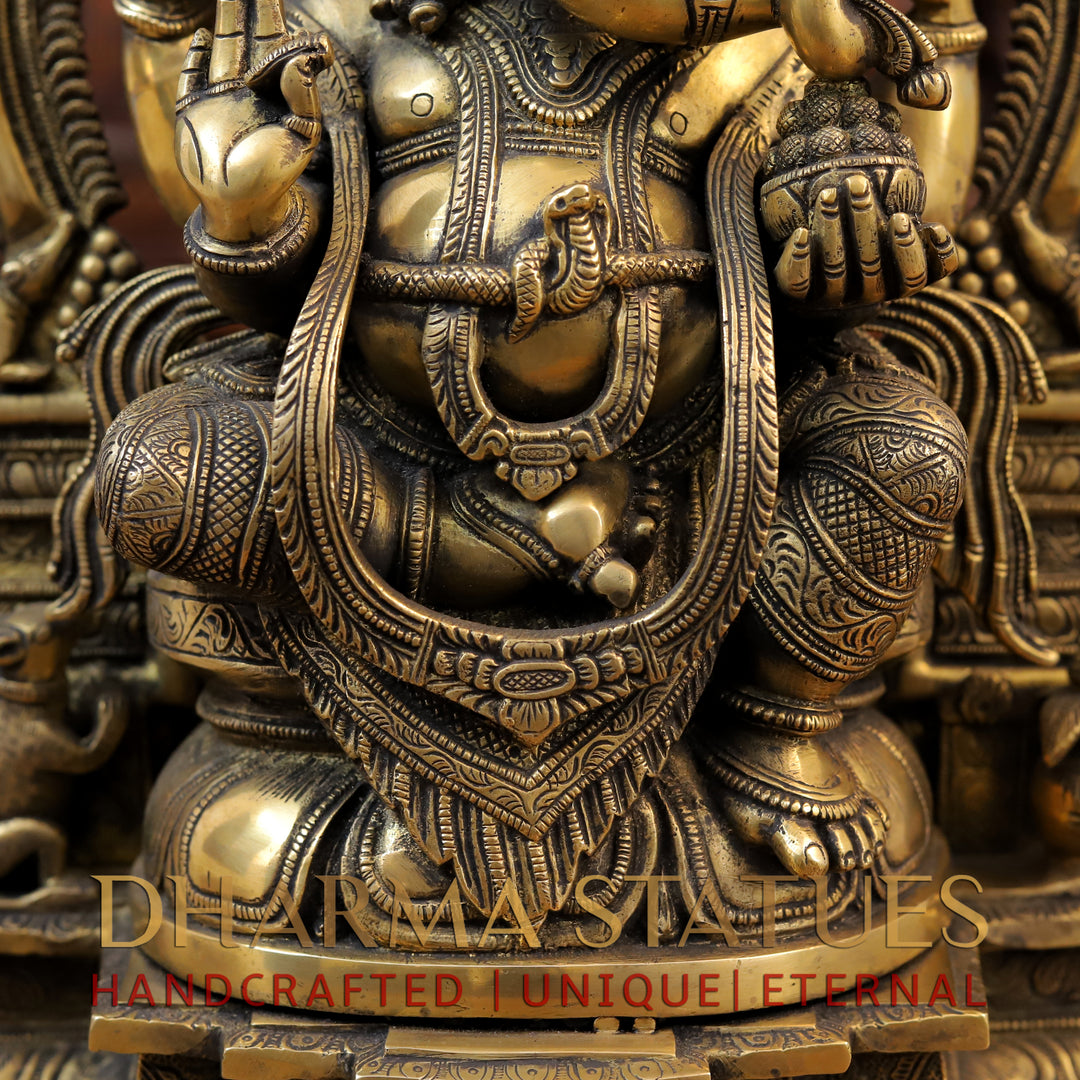 Brass Ganesh Seated On Rat frame, Fine Golden Finish 19"