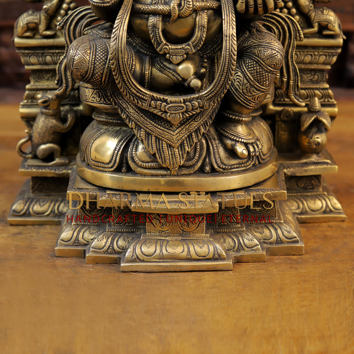 Brass Ganesh Seated On Rat frame, Fine Golden Finish 19"