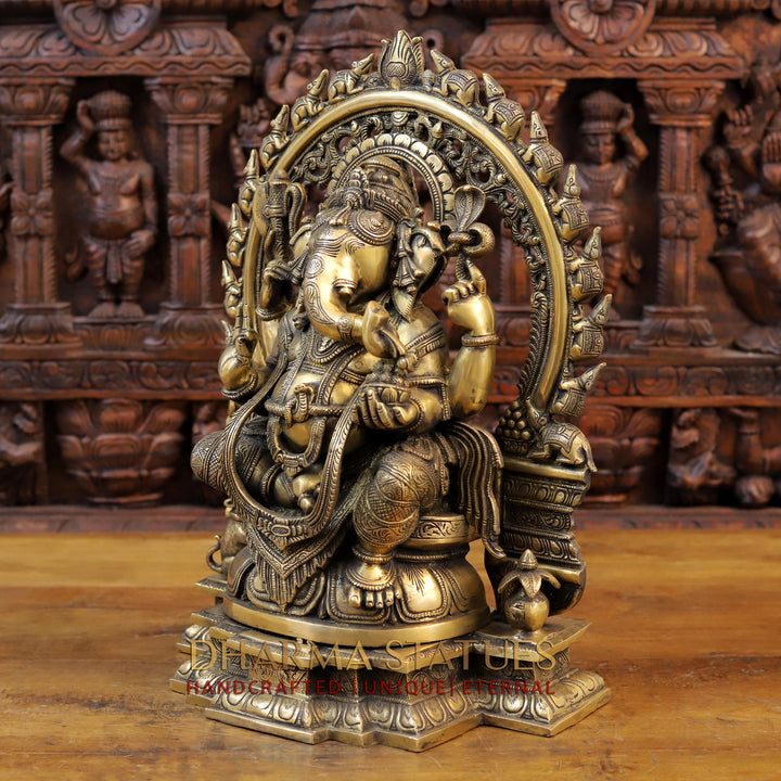 Brass Ganesh Statue, Seated on a Pedestal, Fine Golden Finish 19" side view