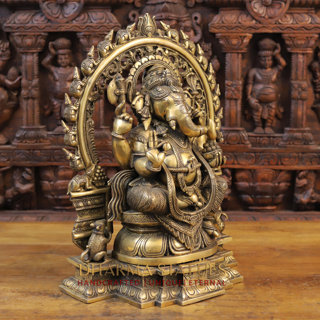 Brass Ganesh Statue, Seated on a Pedestal, Fine Golden Finish 19" side view