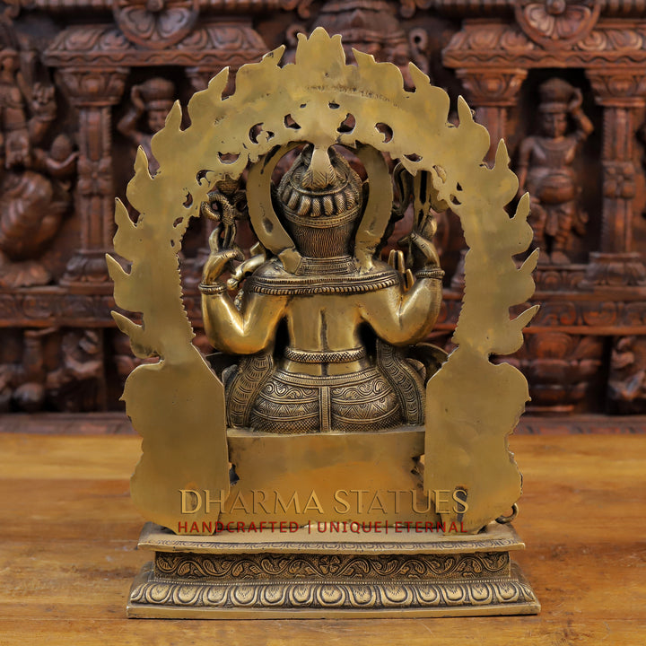 Brass Ganesh Statue, Seated on a Pedestal, Fine Golden Finish 19" back view