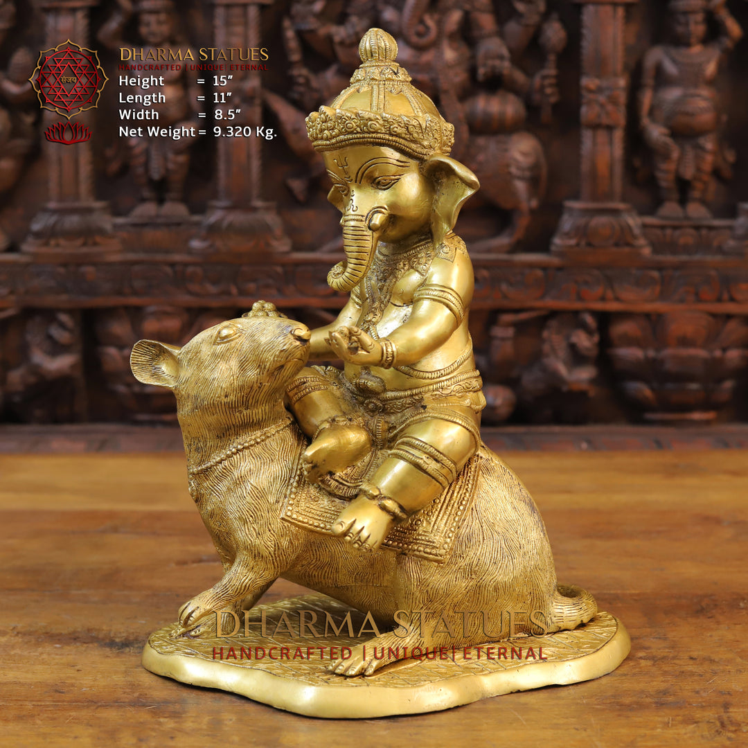 Brass Bal Ganesha Idol, Sitting On his Companion Mouse, Fine Golden Finish 15" front view