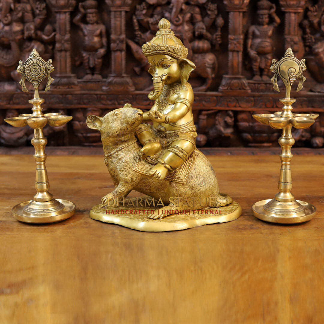 Brass Ganesh Statue Riding On a Rat, Fine Golden Finish 15"