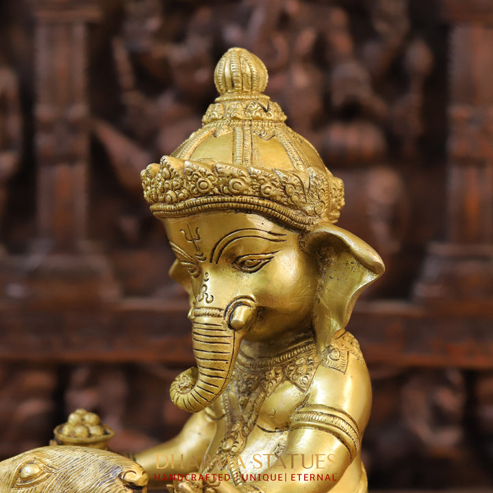 Brass Ganesh Statue Riding On a Rat, Fine Golden Finish 15"