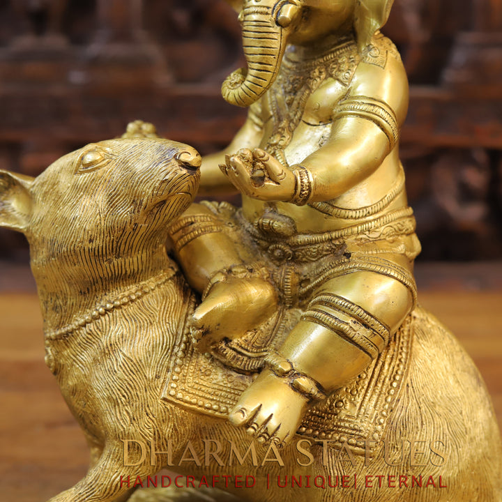 Brass Ganesh Statue Riding On a Rat, Fine Golden Finish 15"