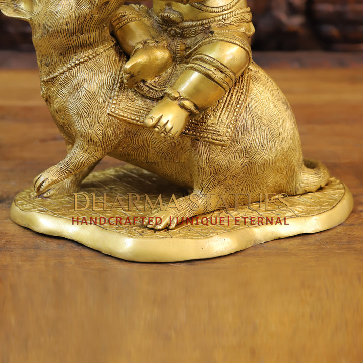 Brass Ganesh Statue Riding On a Rat, Fine Golden Finish 15"