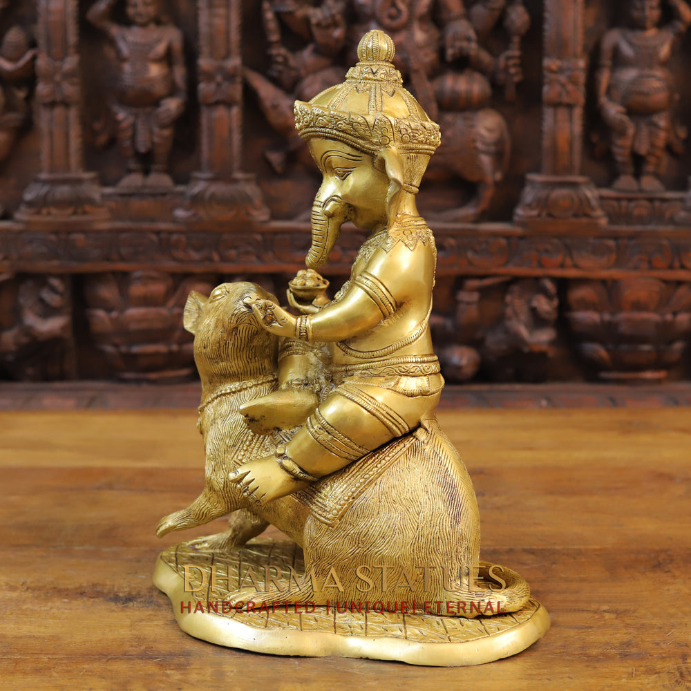 Brass Bal Ganesha Idol, Sitting On his Companion Mouse, Fine Golden Finish 15" side view