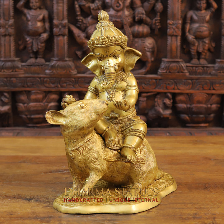 Brass Bal Ganesha Idol, Sitting On his Companion Mouse, Fine Golden Finish 15" side view