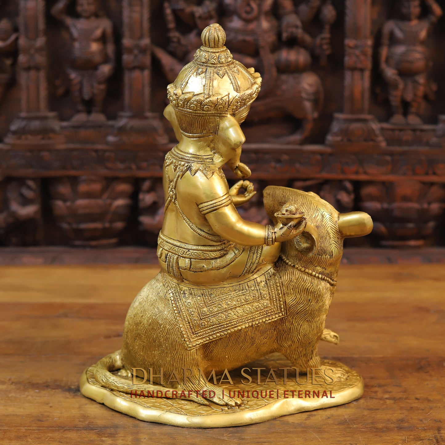  Brass Bal Ganesha Idol, Sitting On his Companion Mouse, Fine Golden Finish 15" back view