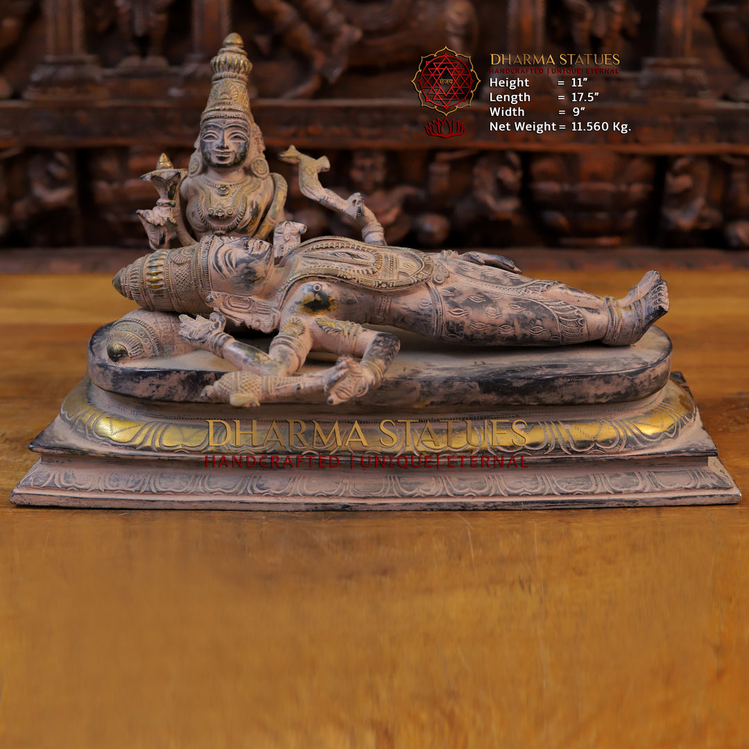 Brass Lord Shiva and Goddess Parvati Idol, Black Patina Finish 11" front view