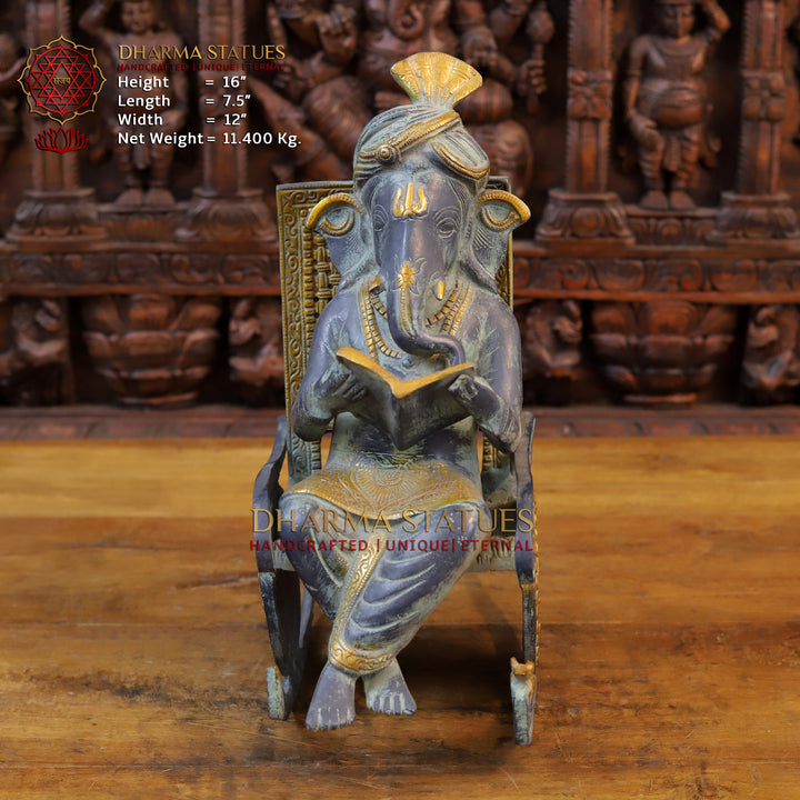 Brass Ganesh Statue, Sitting on a Chair and Reading, Blue and Golden Finish 16" Front View