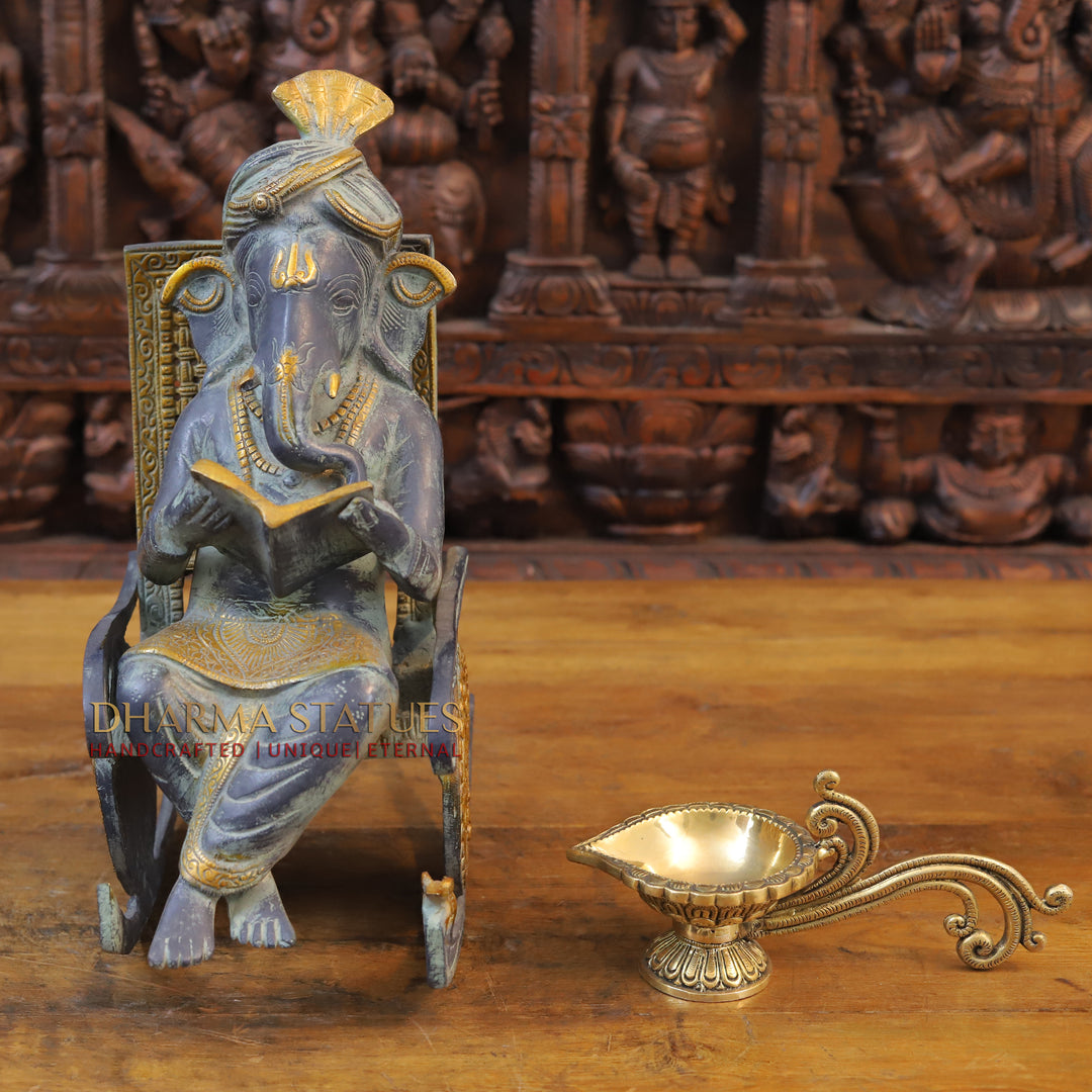 Brass Ganesh Statue Sitting on Rocking Chair, Blue and Golden Finish 16"