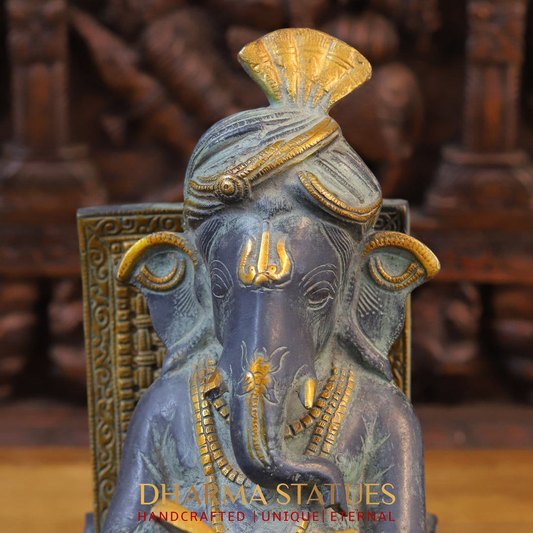 Brass Ganesh Statue Sitting on Rocking Chair, Blue and Golden Finish 16"