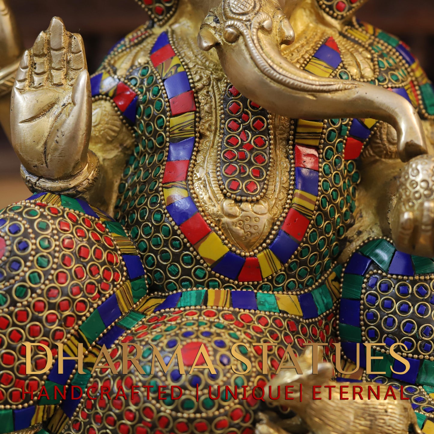Brass Ganesh seated on Base, Blessing Position, Golden & Stonework, 12"
