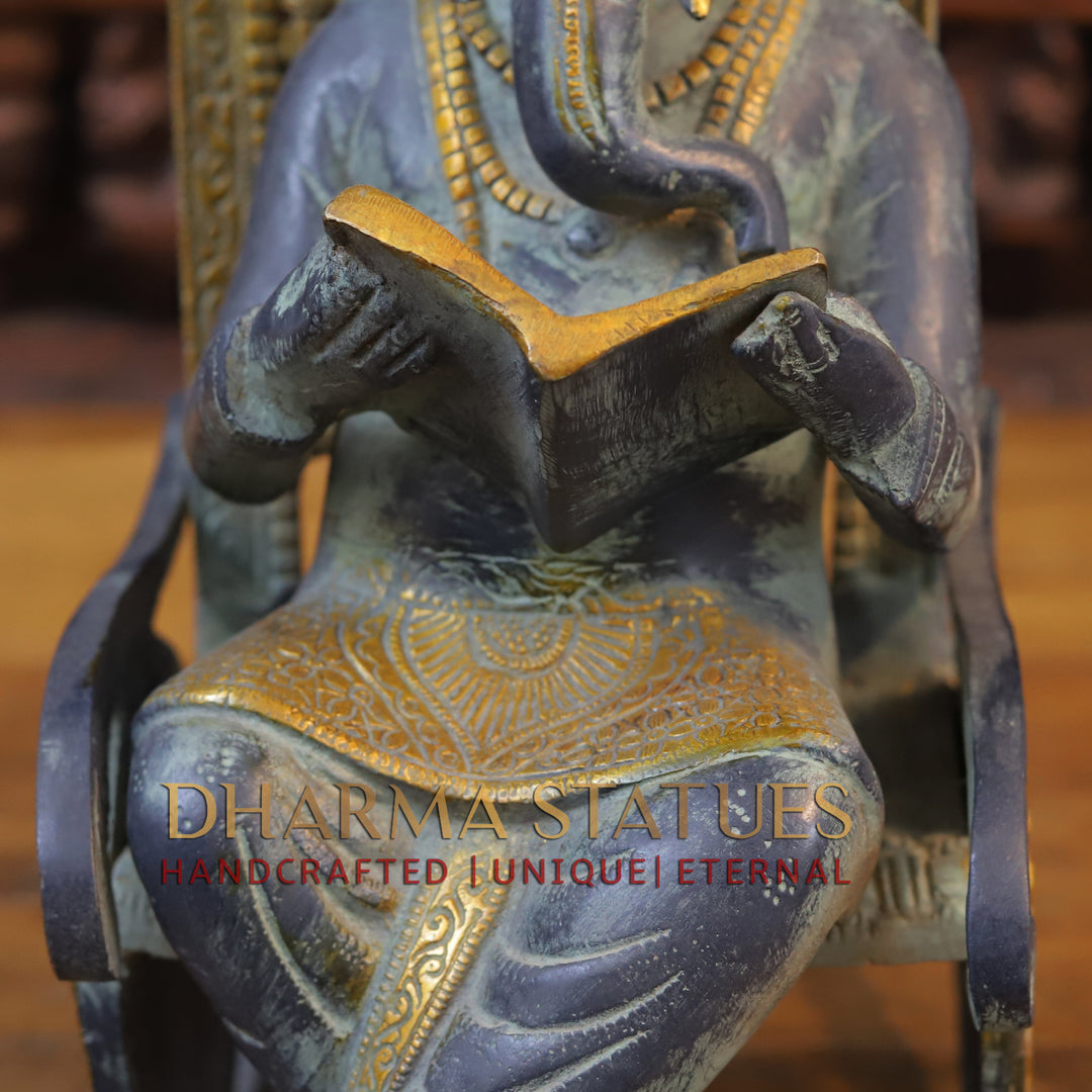 Brass Ganesh Statue Sitting on Rocking Chair, Blue and Golden Finish 16"