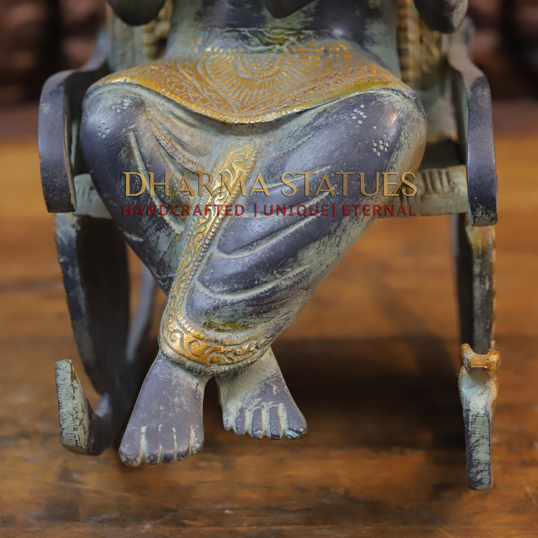 Brass Ganesh Statue Sitting on Rocking Chair, Blue and Golden Finish 16"