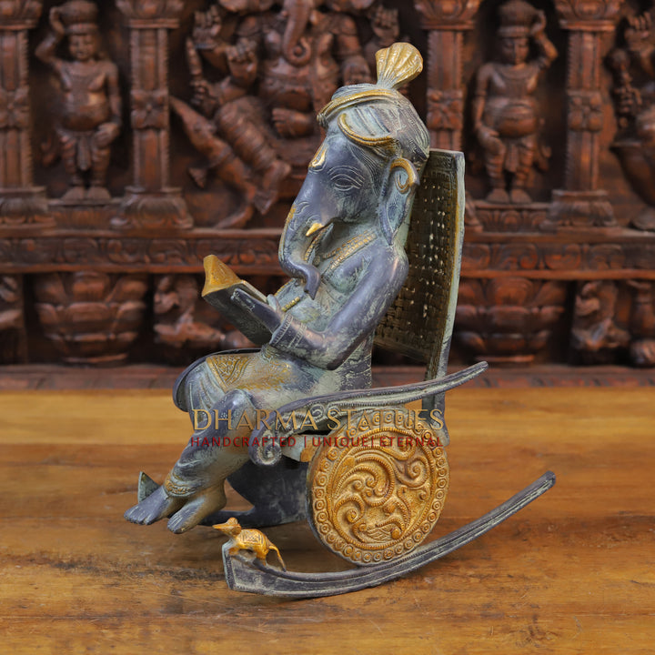 Brass Ganesh Statue, Sitting on a Chair and Reading, Blue and Golden Finish 16" side view