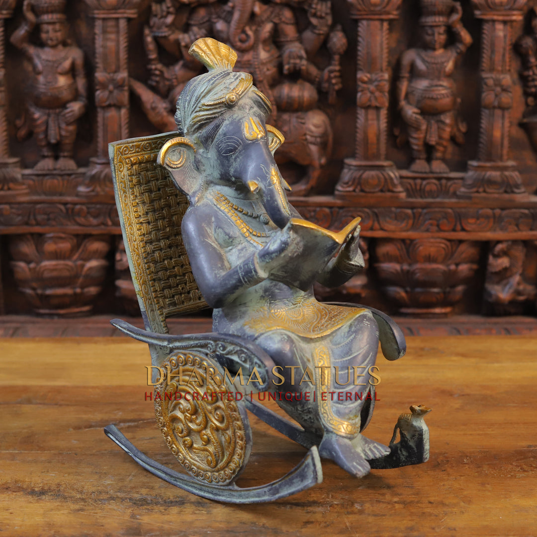 Brass Ganesh Statue, Sitting on a Chair and Reading, Blue and Golden Finish 16" side view