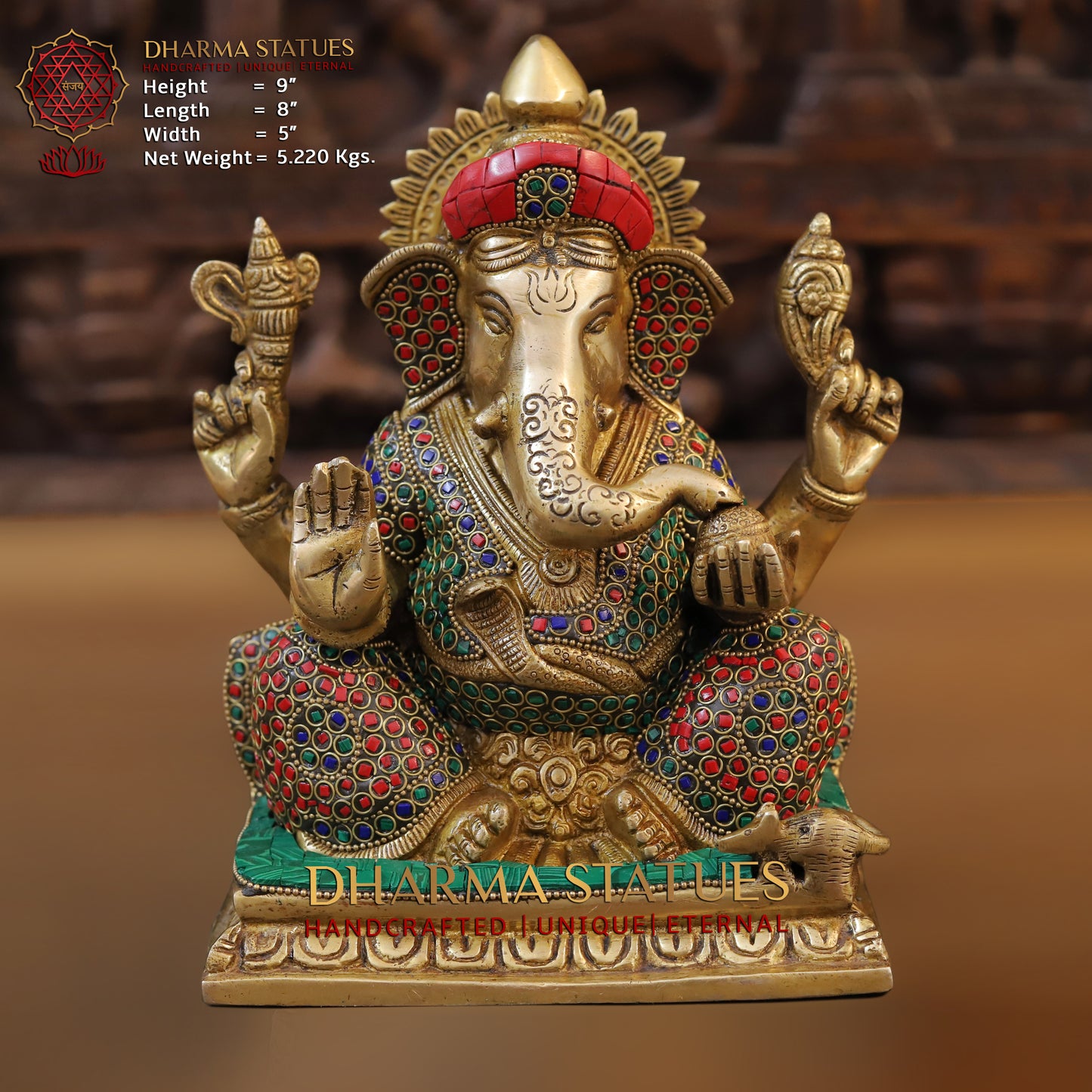 Brass Ganesh seated on Base, Blessing Position, Golden & Stonework, 9"