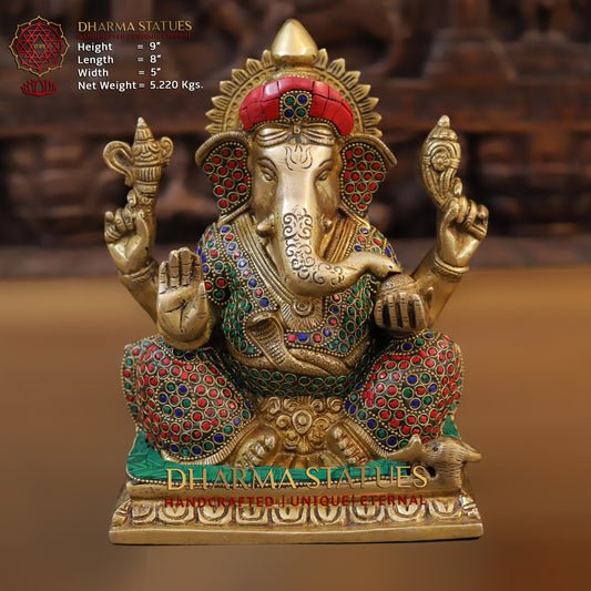 Brass Ganesh seated on Base, Blessing Position, Golden & Stonework, 9"