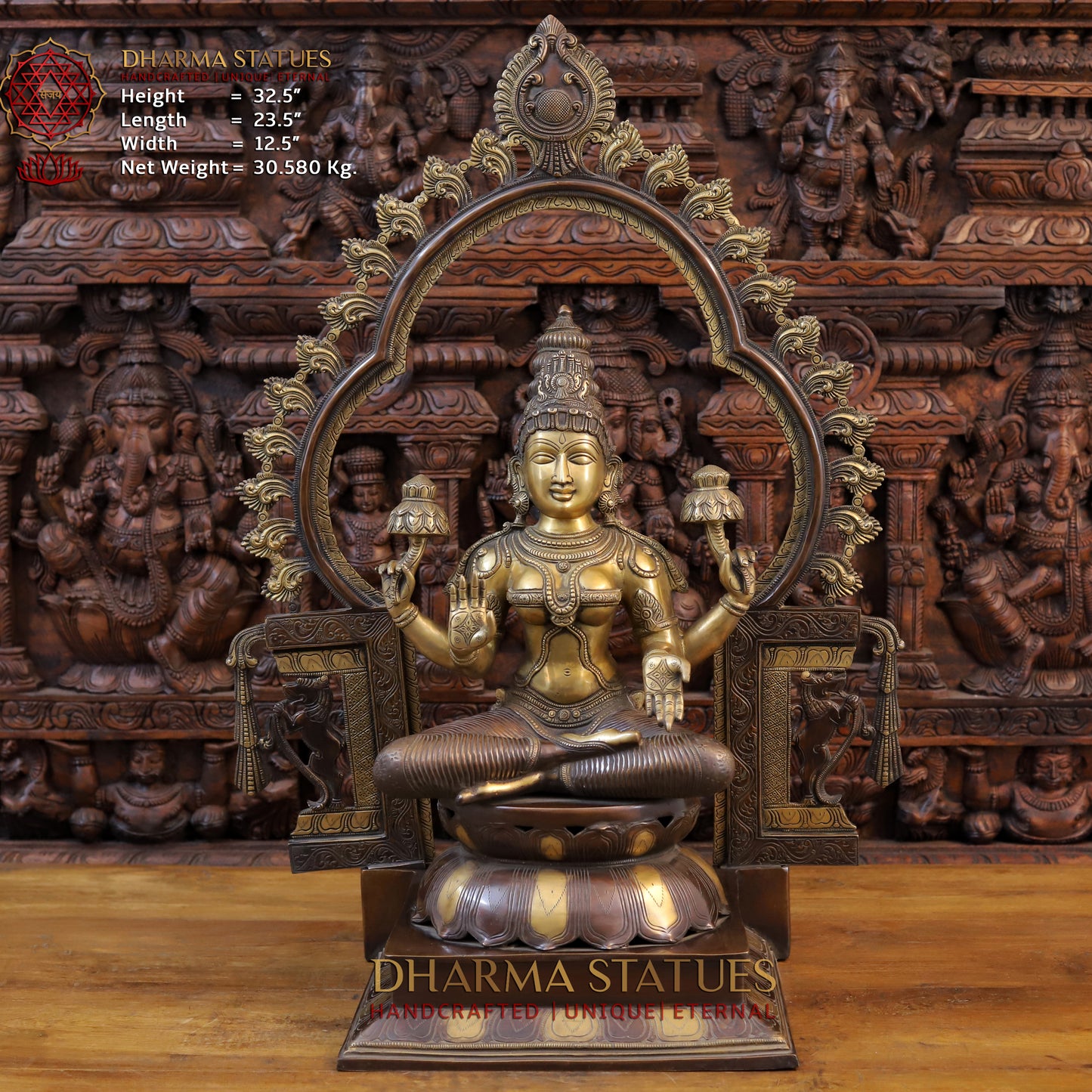 Brass Lakshmi Idol, Seated on a Lotus, Copper and Golden Finish 32.5" Front View