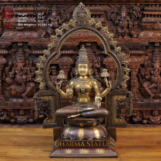 Brass Lakshmi Idol, Seated on a Lotus, Copper and Golden Finish 32.5" Front View