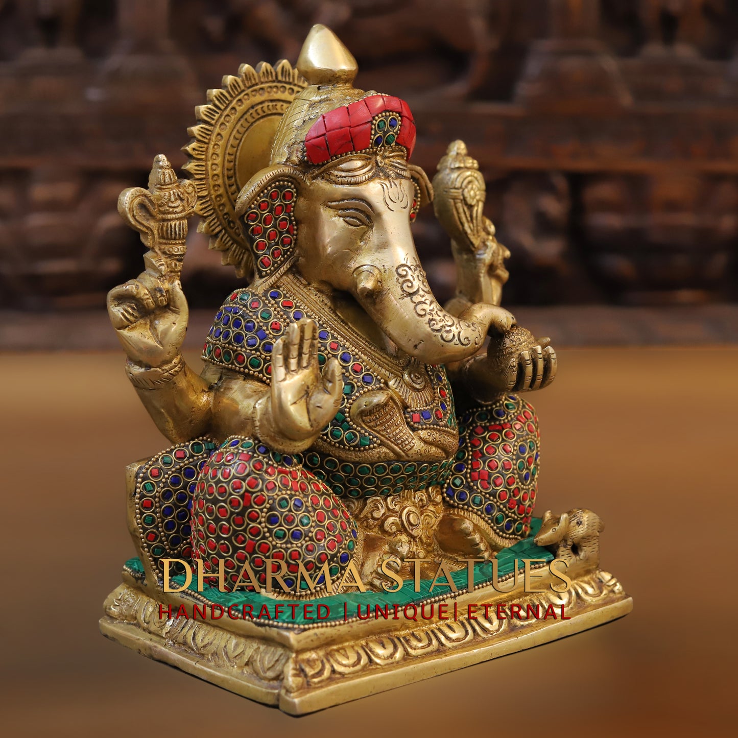 Brass Ganesh seated on Base, Blessing Position, Golden & Stonework, 9"