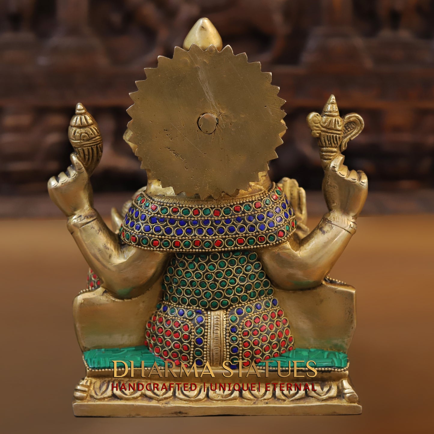 Brass Ganesh seated on Base, Blessing Position, Golden & Stonework, 9"