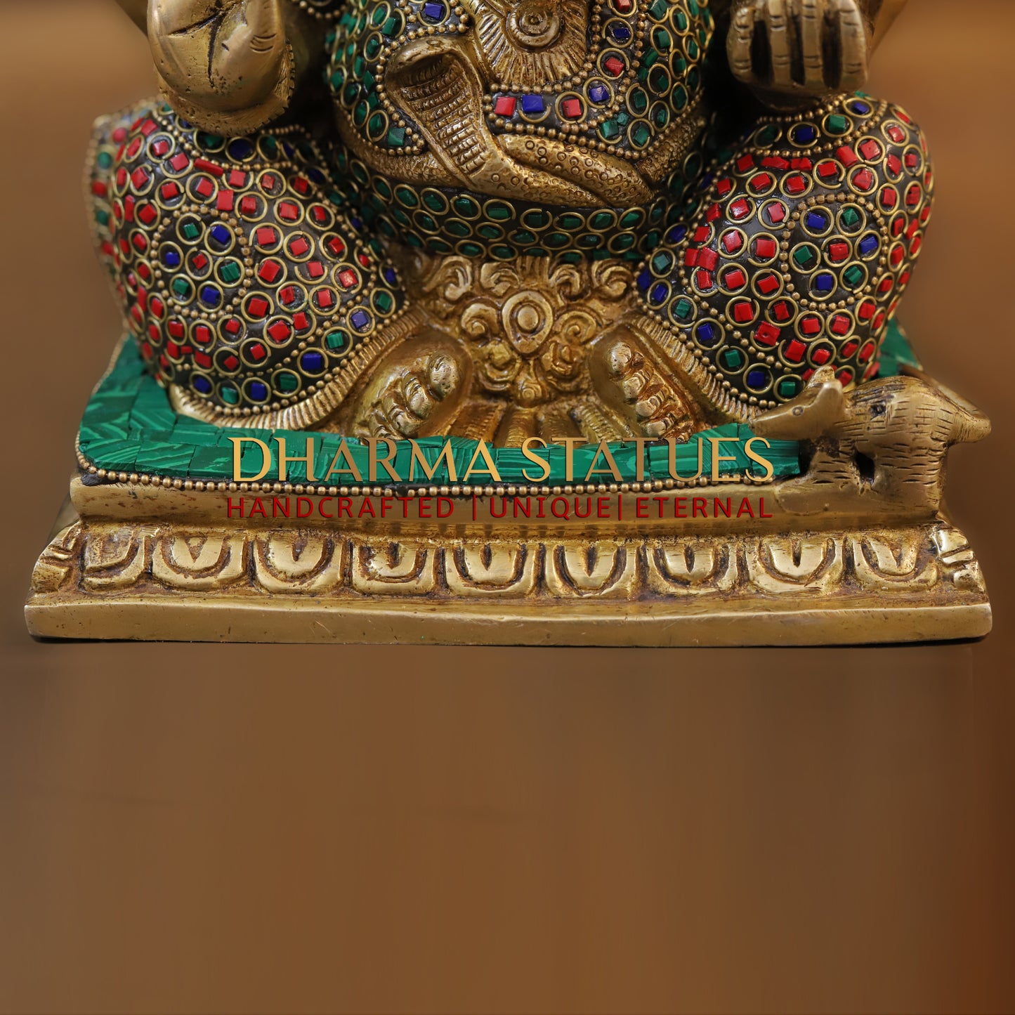 Brass Ganesh seated on Base, Blessing Position, Golden & Stonework, 9"