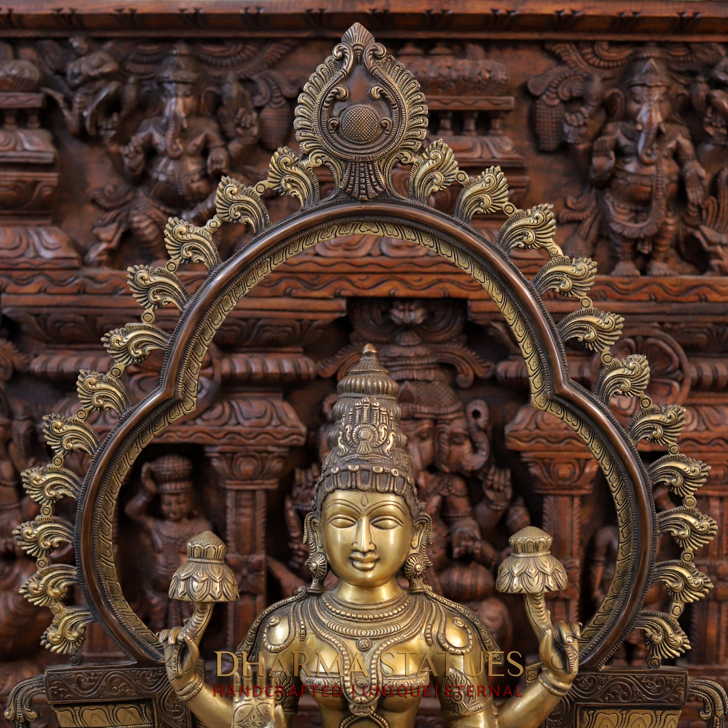 Brass Lakshmi Idol, Seated on a Lotus, Copper and Golden Finish 32.5"