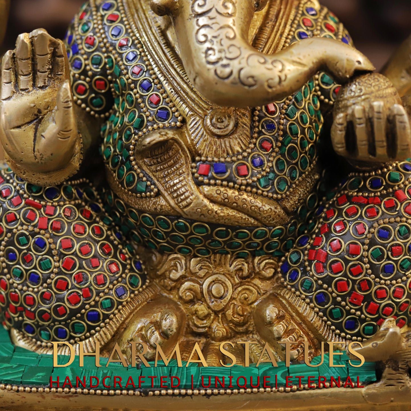 Brass Ganesh seated on Base, Blessing Position, Golden & Stonework, 9"