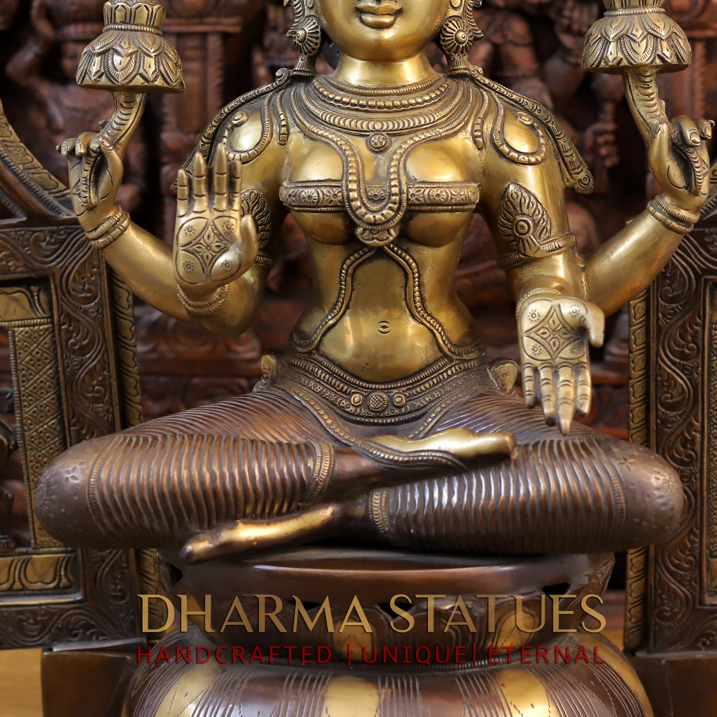 Brass Lakshmi Idol, Seated on a Lotus, Copper and Golden Finish 32.5"