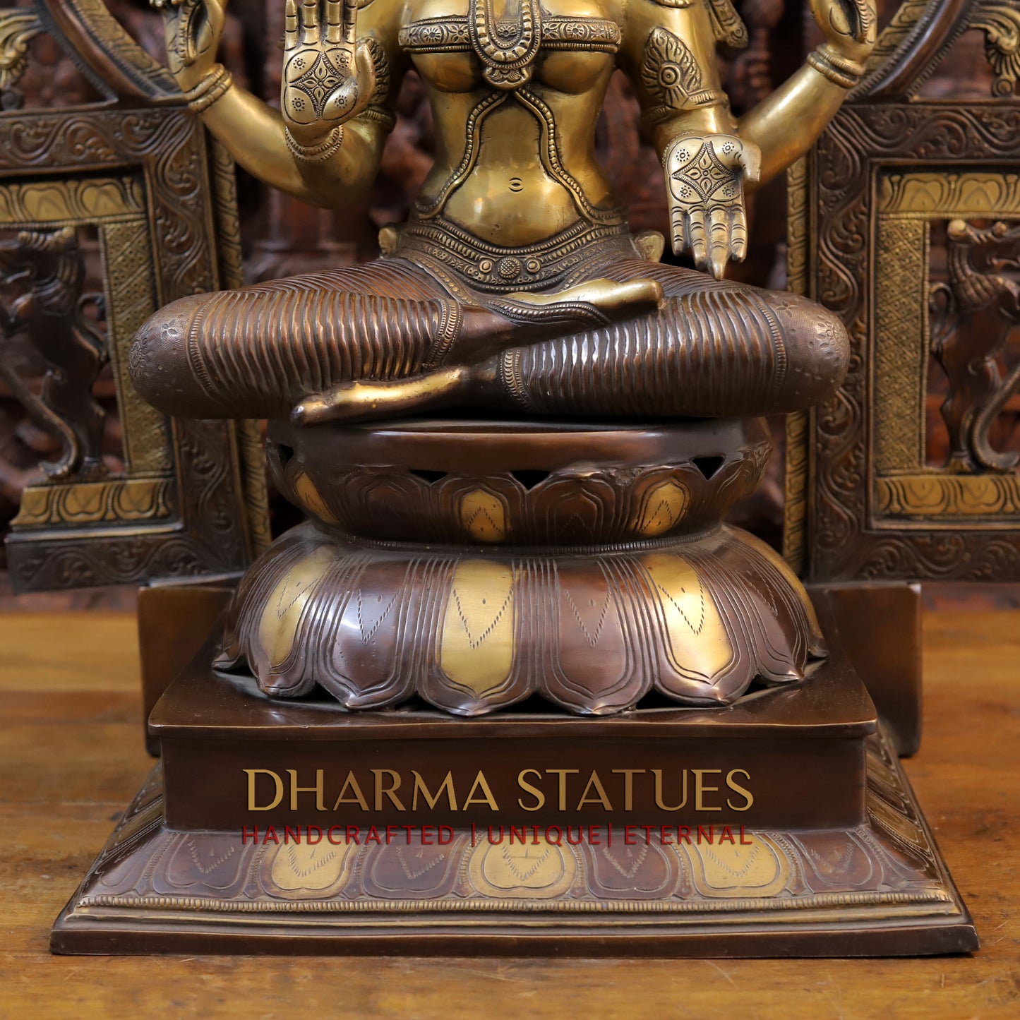 Brass Lakshmi Idol, Seated on a Lotus, Copper and Golden Finish 32.5"