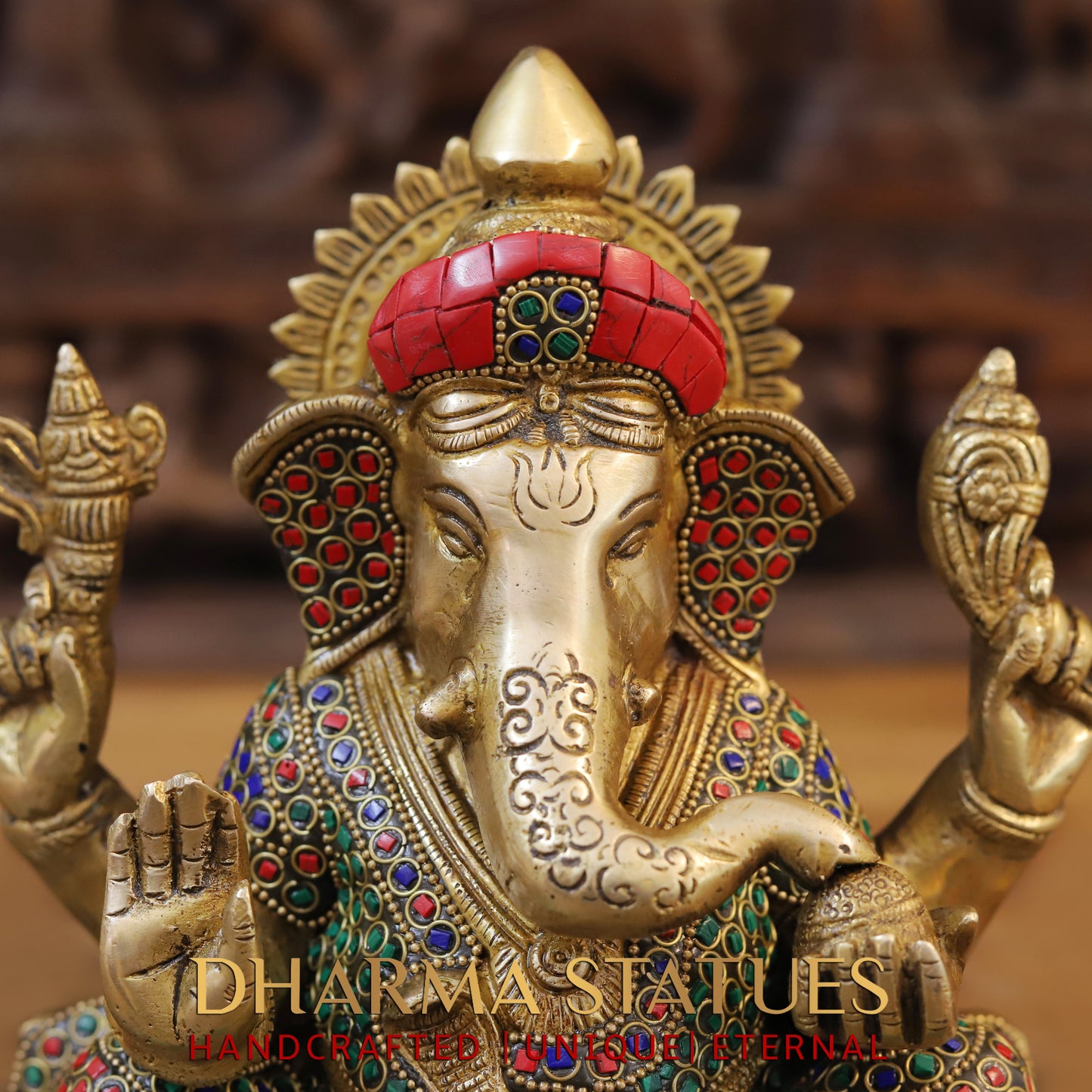 Brass Ganesh seated on Base, Blessing Position, Golden & Stonework, 9"
