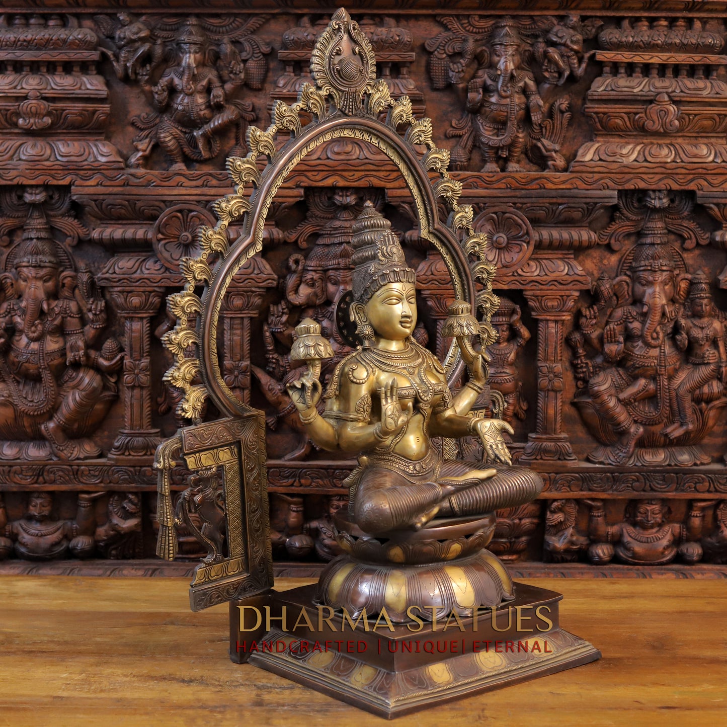Brass Lakshmi Idol, Seated on a Lotus, Copper and Golden Finish 32.5" side view