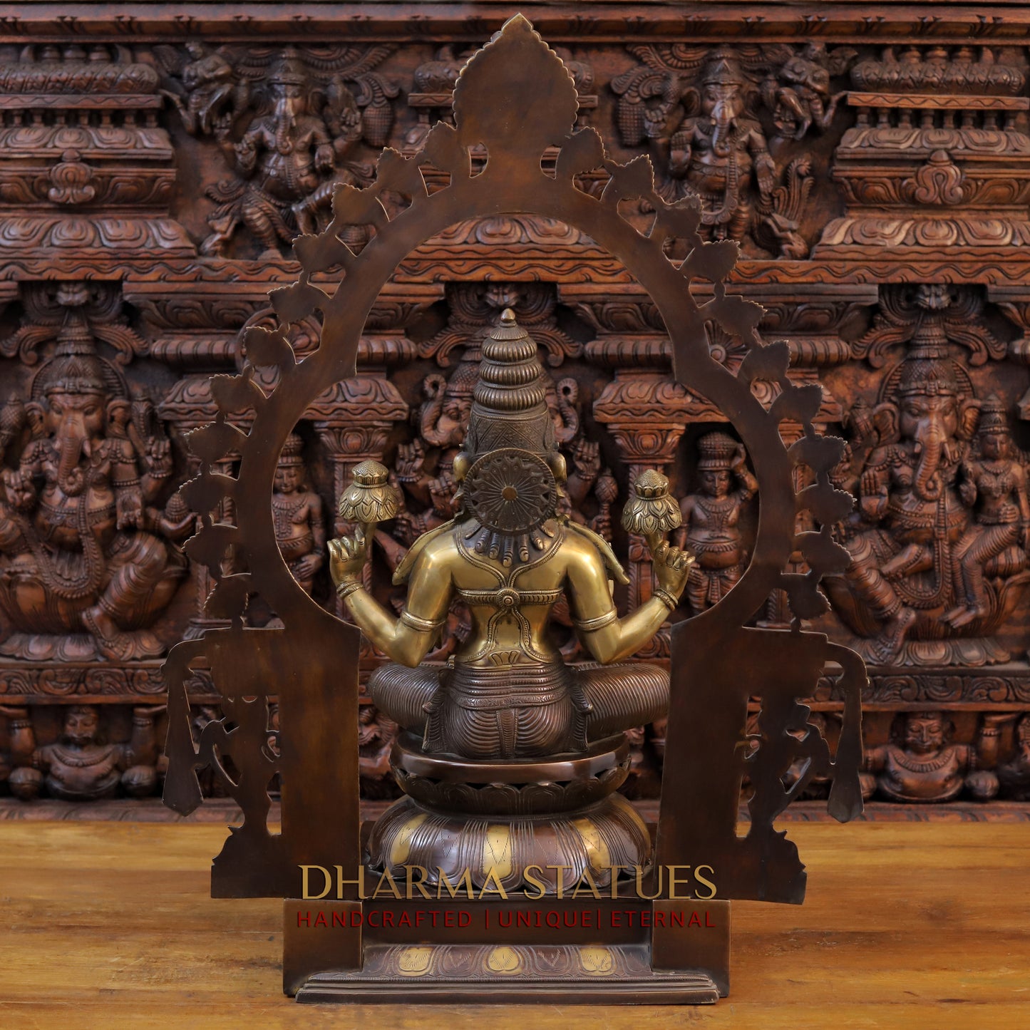 Brass Lakshmi Idol, Seated on a Lotus, Copper and Golden Finish 32.5" back view
