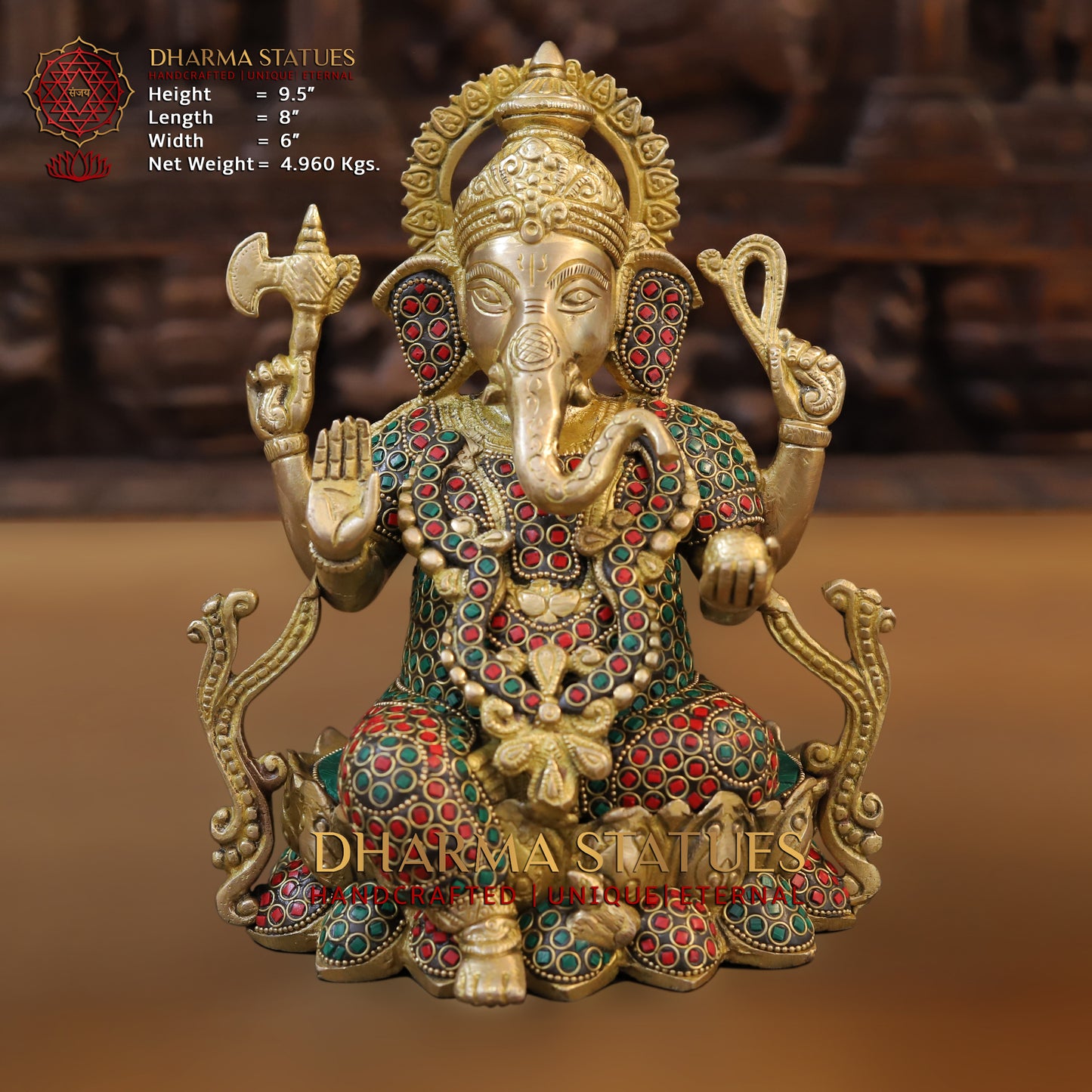 Brass Ganesh seated on Lotus, Blessing Position, Golden & Stonework, 9.5"