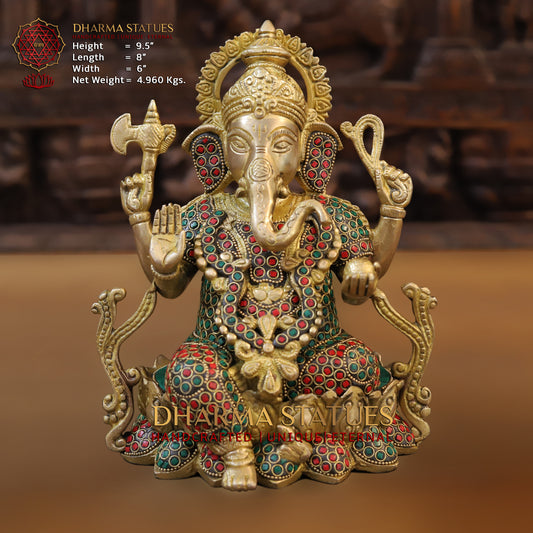 Brass Ganesh seated on Lotus, Blessing Position, Golden & Stonework, 9.5"