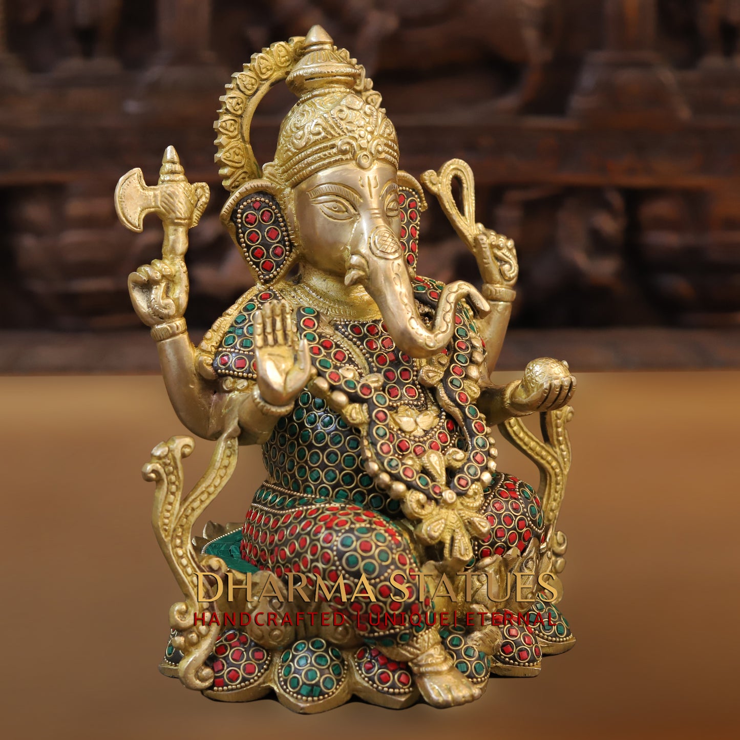 Brass Ganesh seated on Lotus, Blessing Position, Golden & Stonework, 9.5"