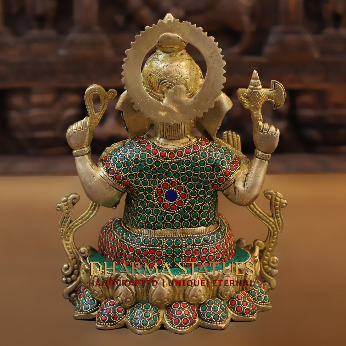 Brass Ganesh seated on Lotus, Blessing Position, Golden & Stonework, 9.5"