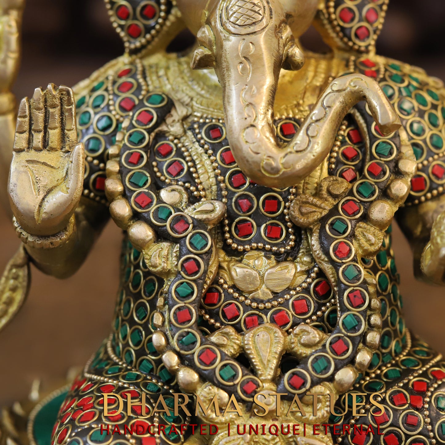 Brass Ganesh seated on Lotus, Blessing Position, Golden & Stonework, 9.5"