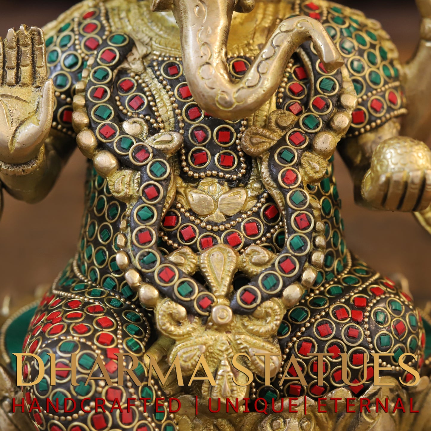 Brass Ganesh seated on Lotus, Blessing Position, Golden & Stonework, 9.5"