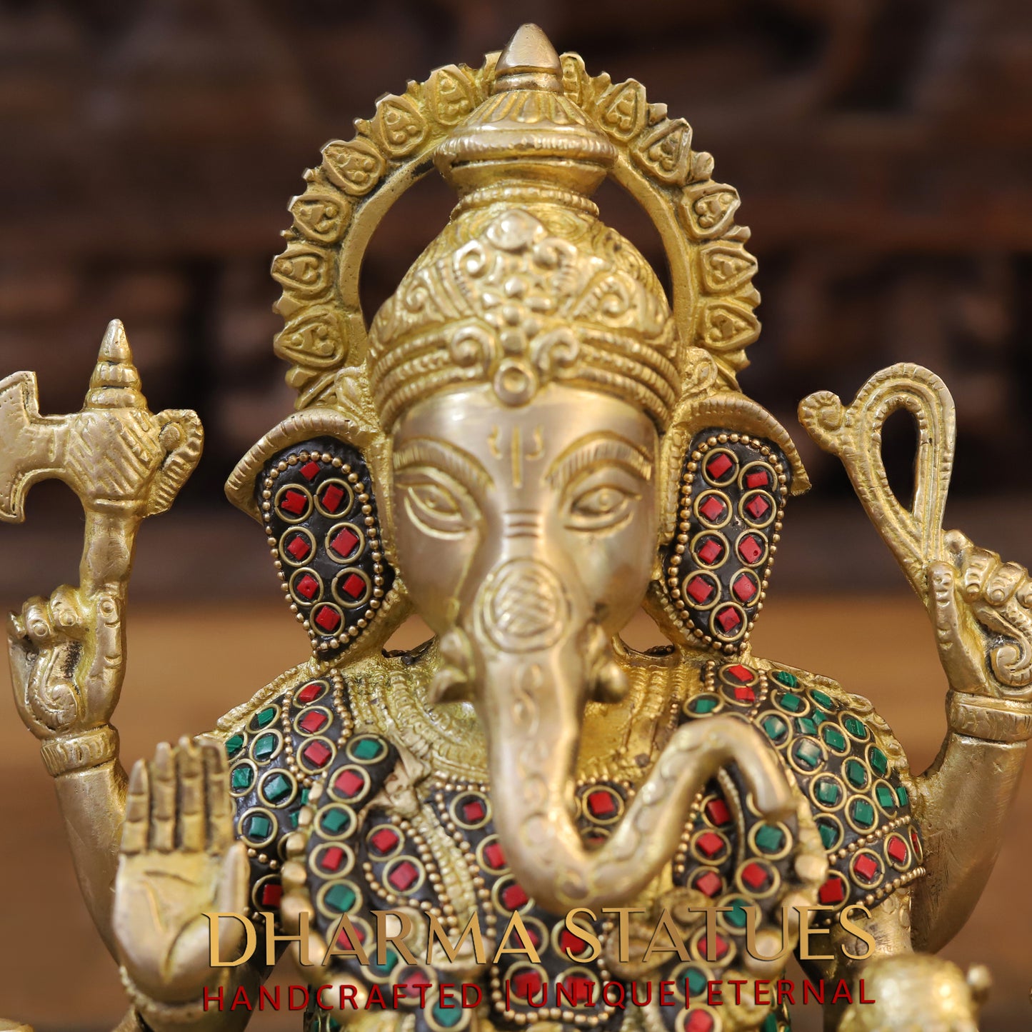 Brass Ganesh seated on Lotus, Blessing Position, Golden & Stonework, 9.5"
