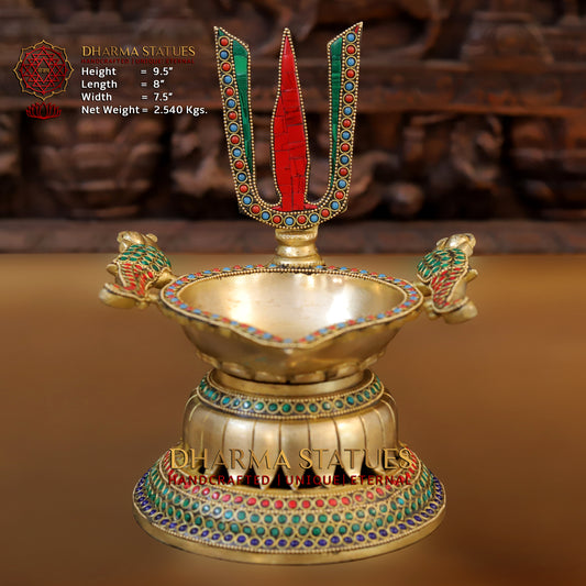 Brass shankh chakra Lamp, Golden & Stonework, 9.5"
