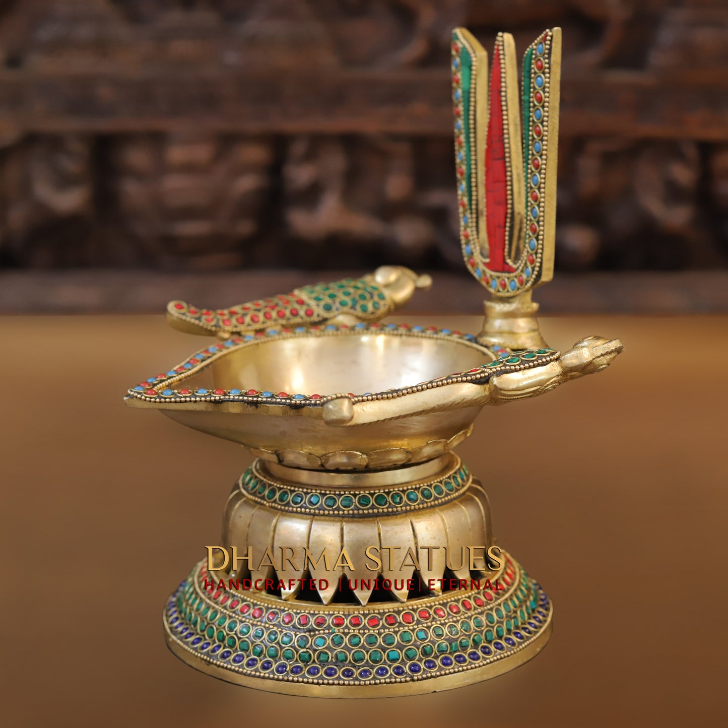 Brass shankh chakra Lamp, Golden & Stonework, 9.5"