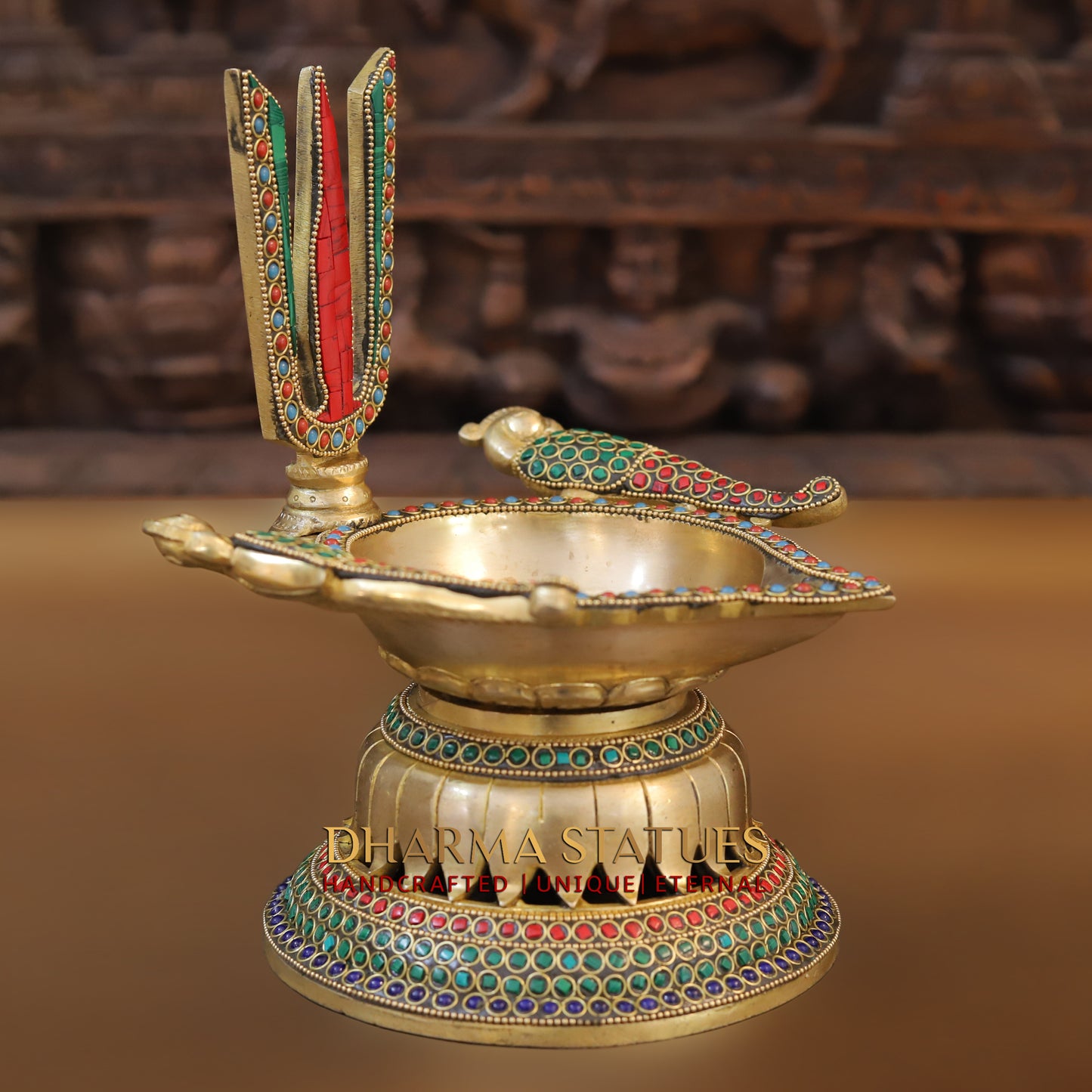 Brass shankh chakra Lamp, Golden & Stonework, 9.5"