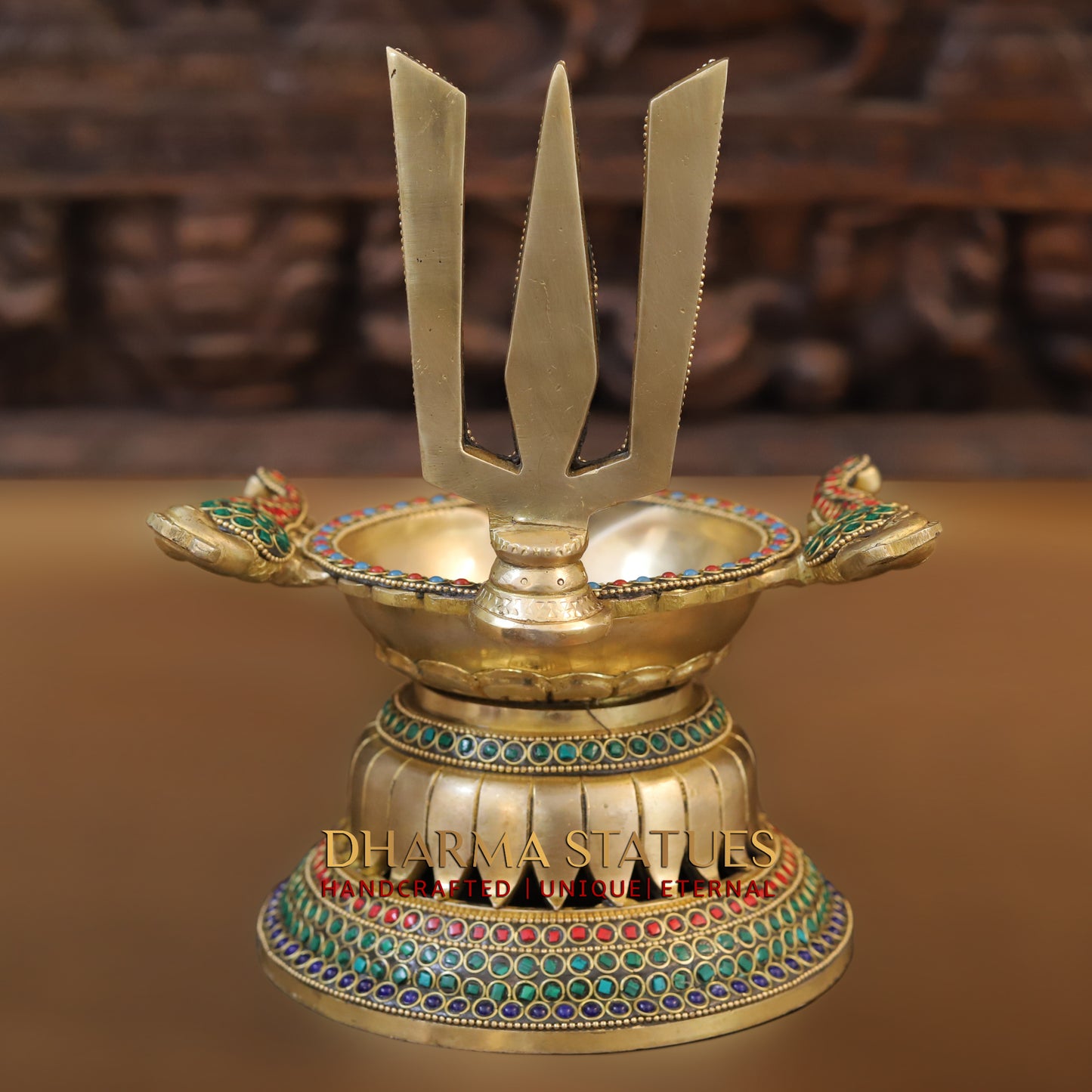 Brass shankh chakra Lamp, Golden & Stonework, 9.5"